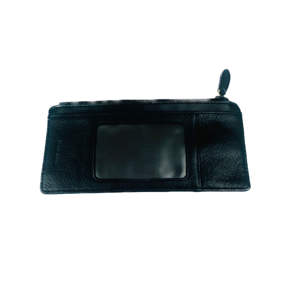 Vtg Black Genuine Leather Slim Card Holder Wallet Zipper Coin Pouch ID Window